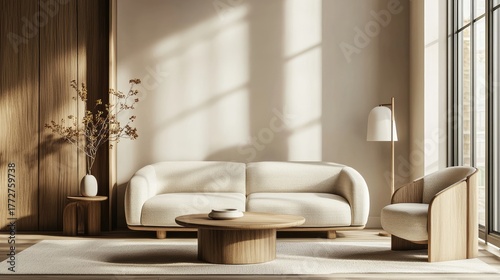 Modern minimalist living room interior with wooden furniture, soft beige sofa, and sunlight through large windows, ideal for interior design, home decor, and architecture inspiration