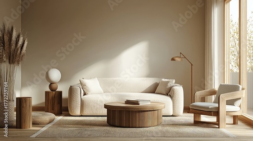 Modern cozy living room interior with wooden furniture, beige sofa, and natural sunlight through large windows, ideal for interior design, home decor, and architecture presentations