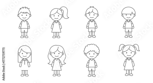 Diverse group of outlined children characters in a minimalistic and playful style illustration