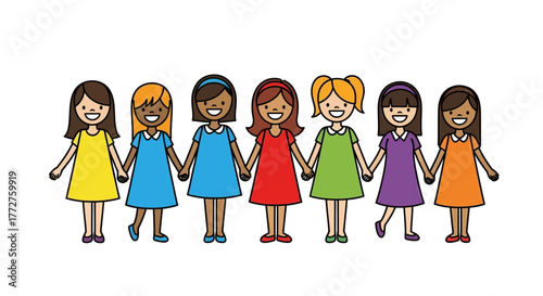 Illustrative depiction of diverse girls holding hands, representing friendship and togetherness
