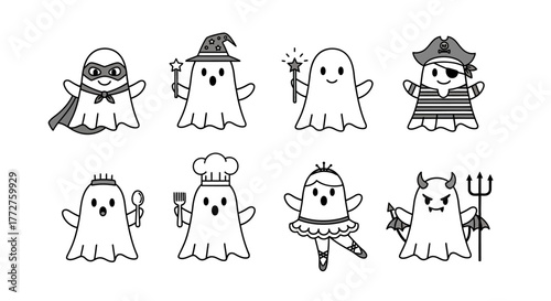 Collection of whimsical cartoon ghost characters in various professions and costumes creating a