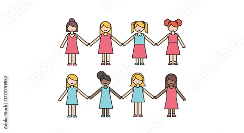 Diverse group of girls holding hands, depicting unity and friendship in childhood simplicity and