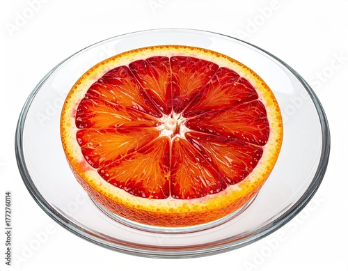 Close Up Blood Orange Slice On Glass Plate Isolated Against White Background