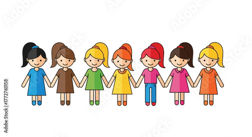 Cartoon girls holding hands together representing friendship and unity in a colorful line