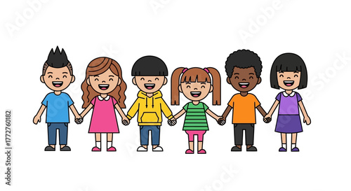 Cartoon depiction of happy diverse children standing together in a show of unity