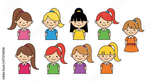 Collection of diverse cartoon girls with various hair colors and styles on a white background