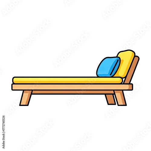 Pixelated Lounge Chair with Yellow Cushion Blue Pillow on White Background