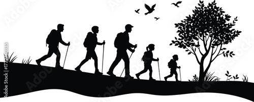 Black and white silhouette of group hiking with backpacks in nature, outdoor adventure, trekking, travel, exploration, and healthy lifestyle concept