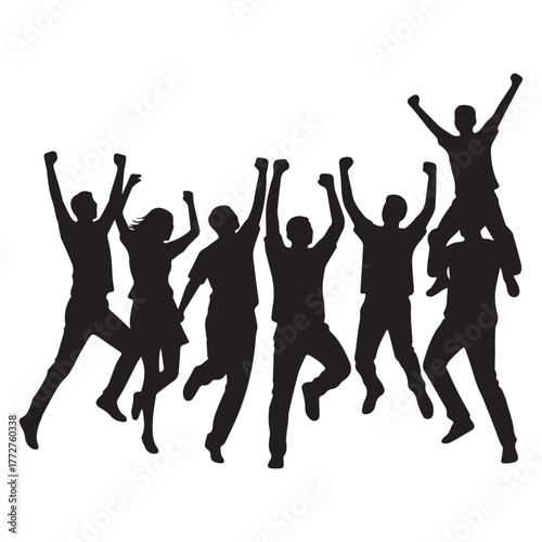 Wide Panoramic Crowd Silhouette Celebrating with Raised Arms and Joyful Dynamic Poses Vector Illustration.
