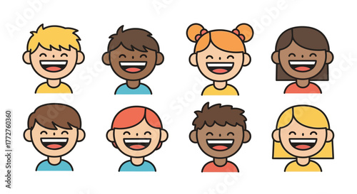 Diverse group of smiling cartoon children, showcasing inclusivity and positive emotion, portraying