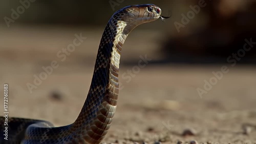 Cobra Raising Head on Arid Land Close Up