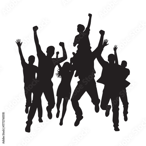 Wide Panoramic Crowd Silhouette Celebrating with Raised Arms and Joyful Dynamic Poses Vector Illustration.