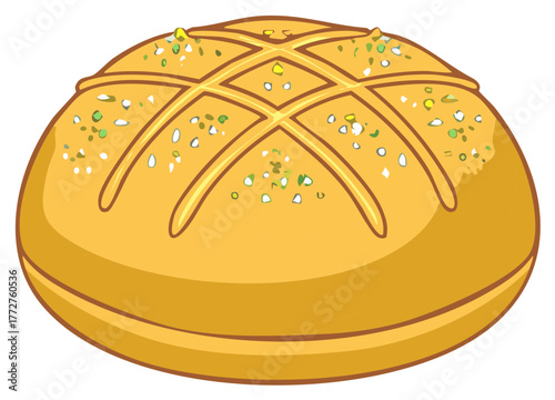 Freshly baked round artisan bread loaf with a scored crust and herb topping vector illustration