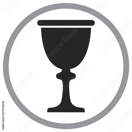 Black silhouette of a goblet or chalice within a circular gray frame. Flat vector icon design.