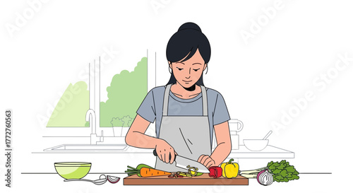 A woman in apron expertly chopping vegetables on a wooden board, kitchen setting visible. Concept for healthy cooking, culinary education and food blog illustration