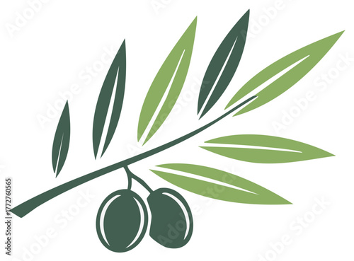Stylized green olive branch with leaves and olives vector icon illustration