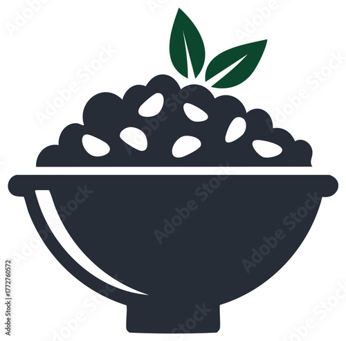 Bowl of rice garnished with green leaves, representing a meal or healthy food, and a nutritious balanced diet for wellness.