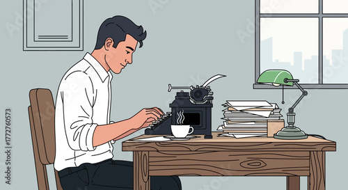 Illustration of a man typing on a vintage typewriter at a wooden desk in his office. Concept for writing projects, creative content and journalistic pursuits