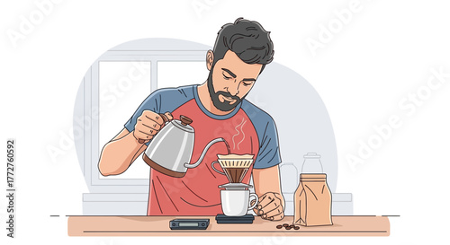Illustration of a man carefully pouring hot water from a kettle into a pour-over coffee maker, creating a serene coffee brewing moment, concept for daily lifestyle, beverage preparation and morning