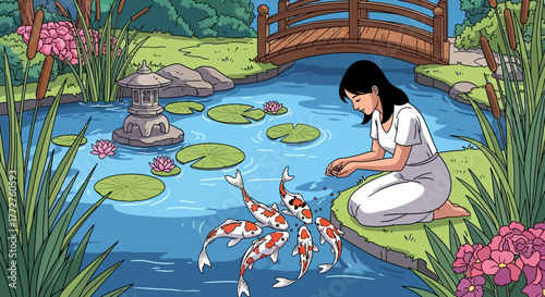 Asian woman feeding koi fish near a pond with lilies and a small wooden bridge, concept for relaxation scenes, zen gardens and nature illustration