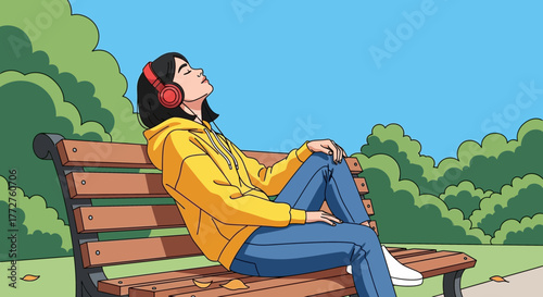 Illustration of a girl with headphones relaxing on a park bench under blue sky and trees, concept for music lifestyle, mental wellbeing and peaceful outdoor recreation