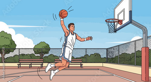 Illustration of a basketball player making a slam dunk on a court with a nature view, concept for sports promotion, athletic event advertising and fitness campaign visuals