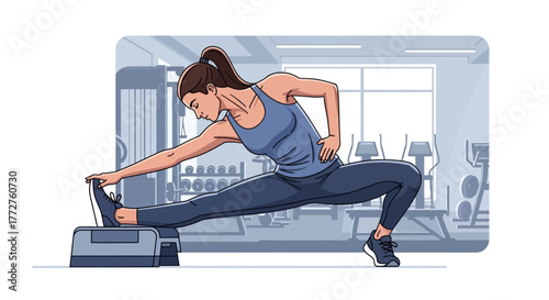 Athletic woman stretching leg on step platform in gym, facing sideways. Concept for fitness program illustration, healthy lifestyle demonstration and workout guidance visuals
