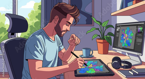 Man drawing digital artwork with tablet at desk, vibrant colors and modern design, concept for creative industry, graphic design projects and digital arts