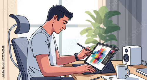 Young man using a stylus on a tablet at his desk, with modern office setting. Concept for digital art, creative projects and remote work solutions