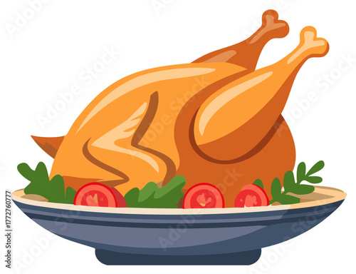 Appetizing whole roasted chicken or turkey on a serving dish with fresh vegetable garnish
