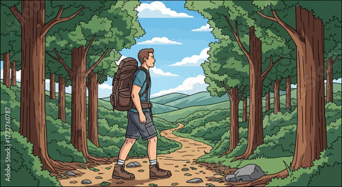 Man with a backpack hikes through a forest trail towards a mountain range, concept for outdoor adventure, recreational activity and travel illustration