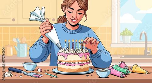 Cartoon woman decorating a layered cake with piping bag and candles, concept for birthday celebration, baking illustration and food design