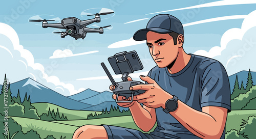 Young man piloting drone with remote controller in outdoor landscape, concept for aerial photography, surveying projects and recreational drone flying