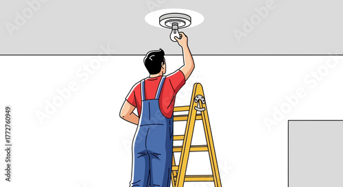 Illustration of a handyman on a ladder changing a lightbulb on the ceiling. Concept for home improvement, electrical maintenance and repair services and renovation projects