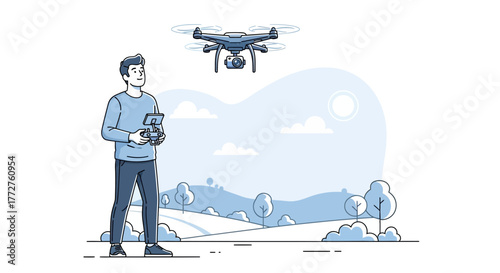 Linear illustration of a man controlling a drone with hilly landscape backdrop. Concept for aerial photography, recreational activity and technological advancement