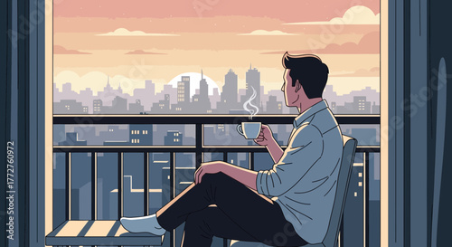 Man enjoying coffee on balcony with cityscape view at dusk, concept for urban lifestyle, modern living and relaxation moments in the city, for promotion content about business and property