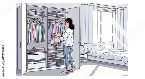 Young woman organizing clothes in wardrobe at home in light bedroom, concept for domestic life, everyday routines and interior design inspiration