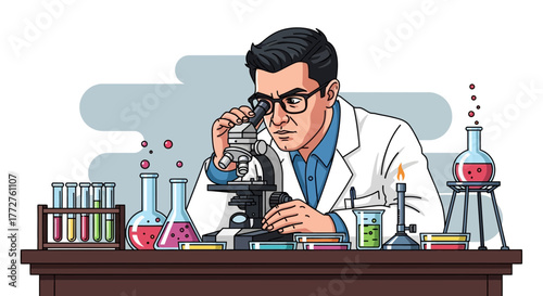 Focused scientist in lab coat intently using microscope with test tubes, beakers. Concept for medical research, scientific discovery and pharmaceutical development