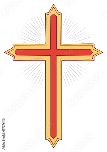 Radiant Christian Cross Symbol Red and Gold Religious Belief Icon