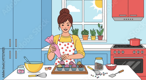 Young woman decorating cupcakes with piping bag in bright kitchen setting, concept for baking class illustration, culinary tutorial and home confectionery