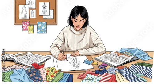 Young woman drawing fashion designs at her desk with fabrics and sketches around, concept for fashion design, creative process and artistic expression