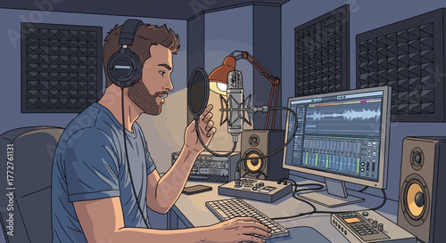 Man with headphones speaking into a microphone in a recording studio setup with computer showing audio waves, concept for podcast recording, voice-over work and audiobook creation