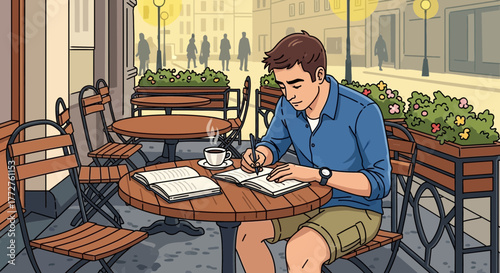 Young man writing in a notebook with a cup of coffee on a table in outdoor cafe, concept for creative writing, journaling and study session