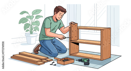 Young man assembling wooden bookshelf with screwdriver at home near plant and window, concept for DIY project, furniture building and home improvement projects