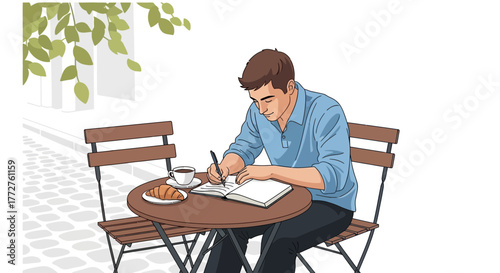 Young man writing in a notebook with croissant and coffee at a cafe table with tree leaves, concept for journal keeping, creative writing and personal development