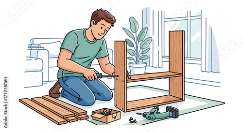 Illustration of a man assembling wooden shelf with screwdriver in living room, surrounded by parts, tools. Concept for home improvement, DIY projects and interior decoration