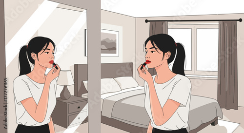 Young woman applying lipstick in front of a mirror with a bedroom background. Concept for beauty routine, personal care and self-improvement