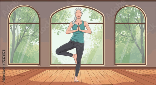 Illustration of woman in tree pose with hands in prayer position in a yoga studio, concept for wellness program, mindfulness practice and healthy lifestyle