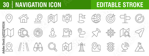 Collection of navigation icons. Directions, maps, addresses, GPS. Vector design templates, signs, symbols, editable strokes.