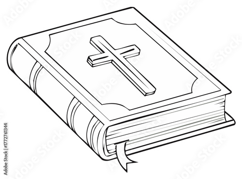 Christian Holy Bible with an embossed cross symbol line art illustration for a coloring page